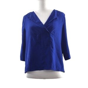 BCBG MaxAzria Royal Blue Faux Wrap Popover‎ Blouse Womens XXS Roll Tab 100% Silk